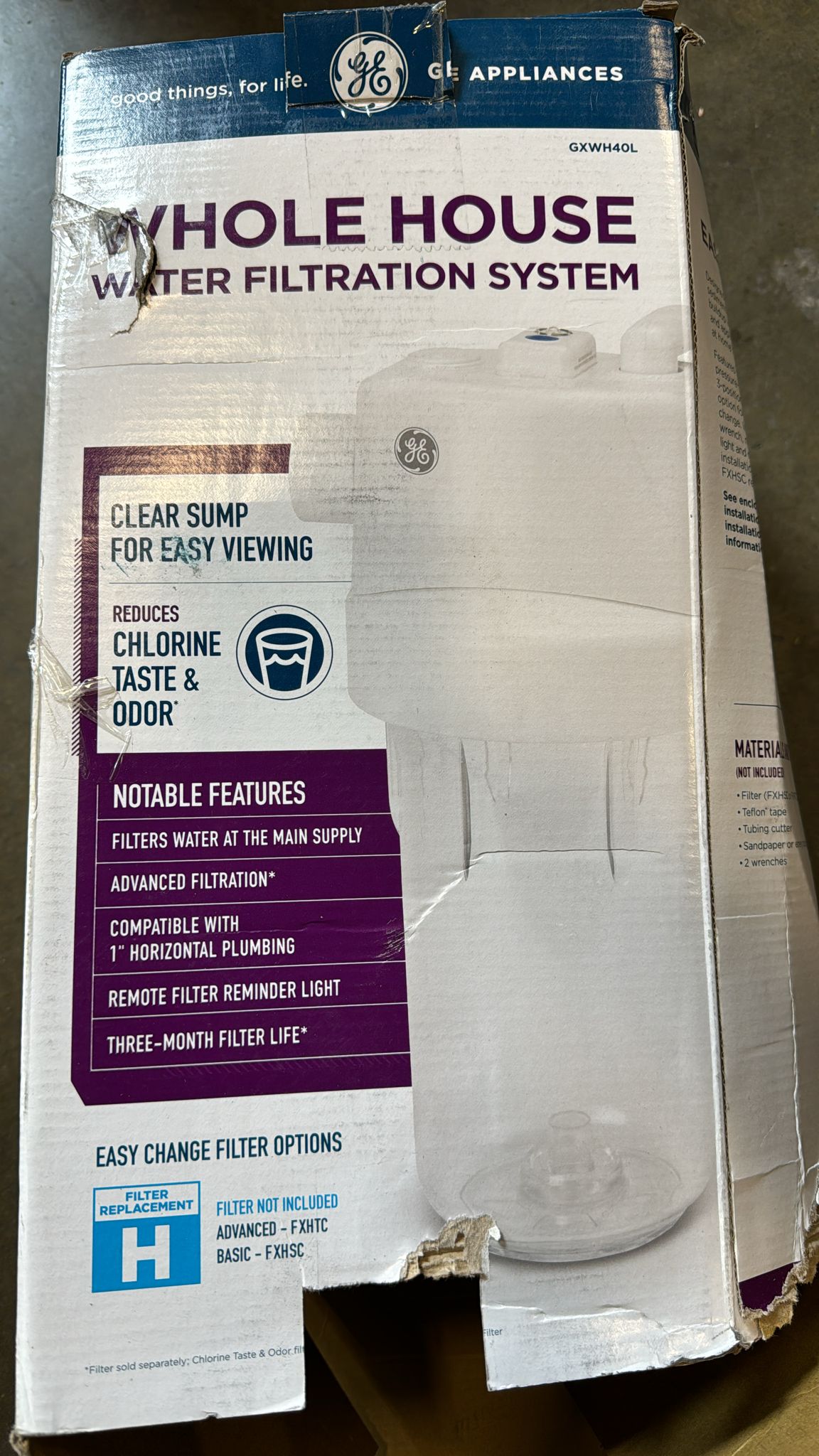 GE Whole House Water Filtration System | Reduces Sediment, Rust & More | Install Kit & Accessories Included | Filter Not Included | Replace Filters (FXHTC, FXHSC) Every 3 Months | GXWH40L