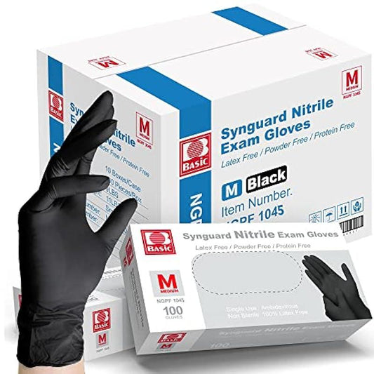 Basic Medical Black Nitrile Exam Gloves - Latex-Free & Powder-Free - NGPF 1045 (Case of 1,000), Medium