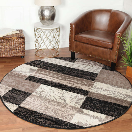 SUPERIOR Indoor Area Rug, Jute Backed, Modern Geometric Patchwork Floor Decor for Bedroom, Office, Living Room, Entryway, Hardwood Floors, Rockwood Collection, 8' Round, Chocolate