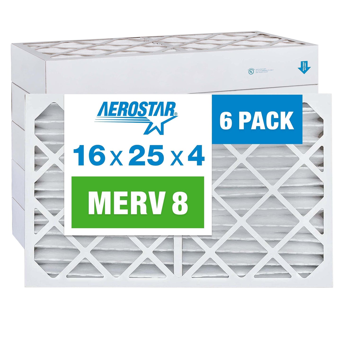 Aerostar 16x25x4 MERV 8 Pleated Air Filter, AC Furnace Air Filter, 6 Pack (Actual Size: 15 1/2"x24 1/2"x3 3/4")