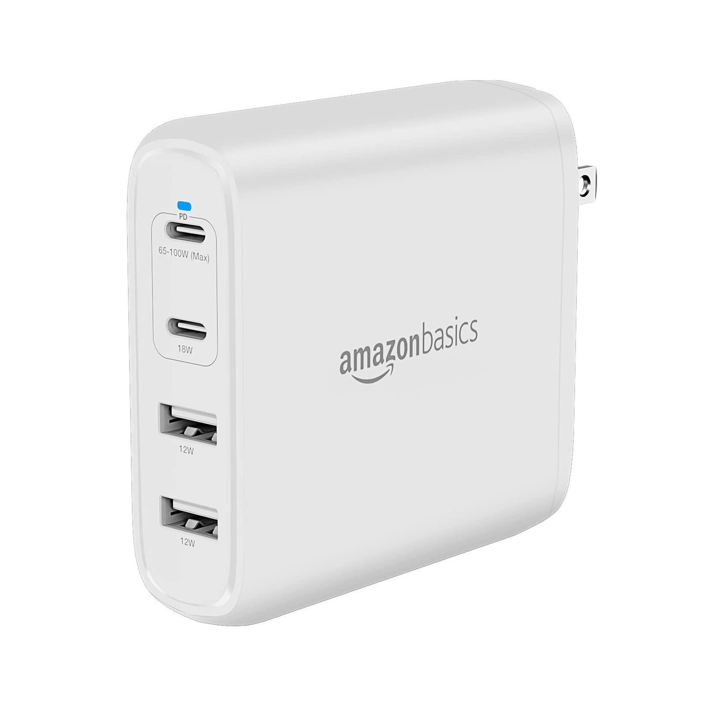 Amazon Basics 100W Four-Port GaN Wall Charger with 2 USB-C (100W, 18W) & 2 USB-A Ports (12W) with PD for Laptops, Tablets & Phones (iPhone 15/14/13/12/11/X,iPad,MacPro, Samsung & more), non-PPS, White