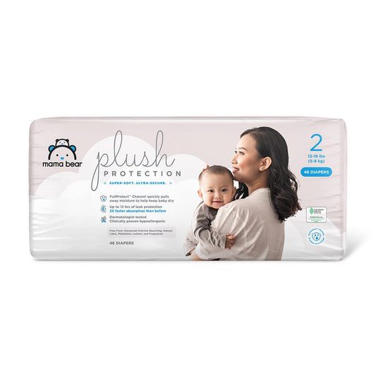 Amazon Brand - Mama Bear Plush Protection Diapers - Size 2, 46 Count, Hypoallergenic Premium Disposable Baby Diapers, White and Cloud Dreams