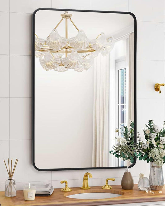 Bathroom Mirror, Matte Black Metal Framed Mirror, 40 x 30 Inch HD Eco-Friendly Wall Mount Rounded Corner Rectangular Vanity Mirror, Hangs Horizontally or Vertically