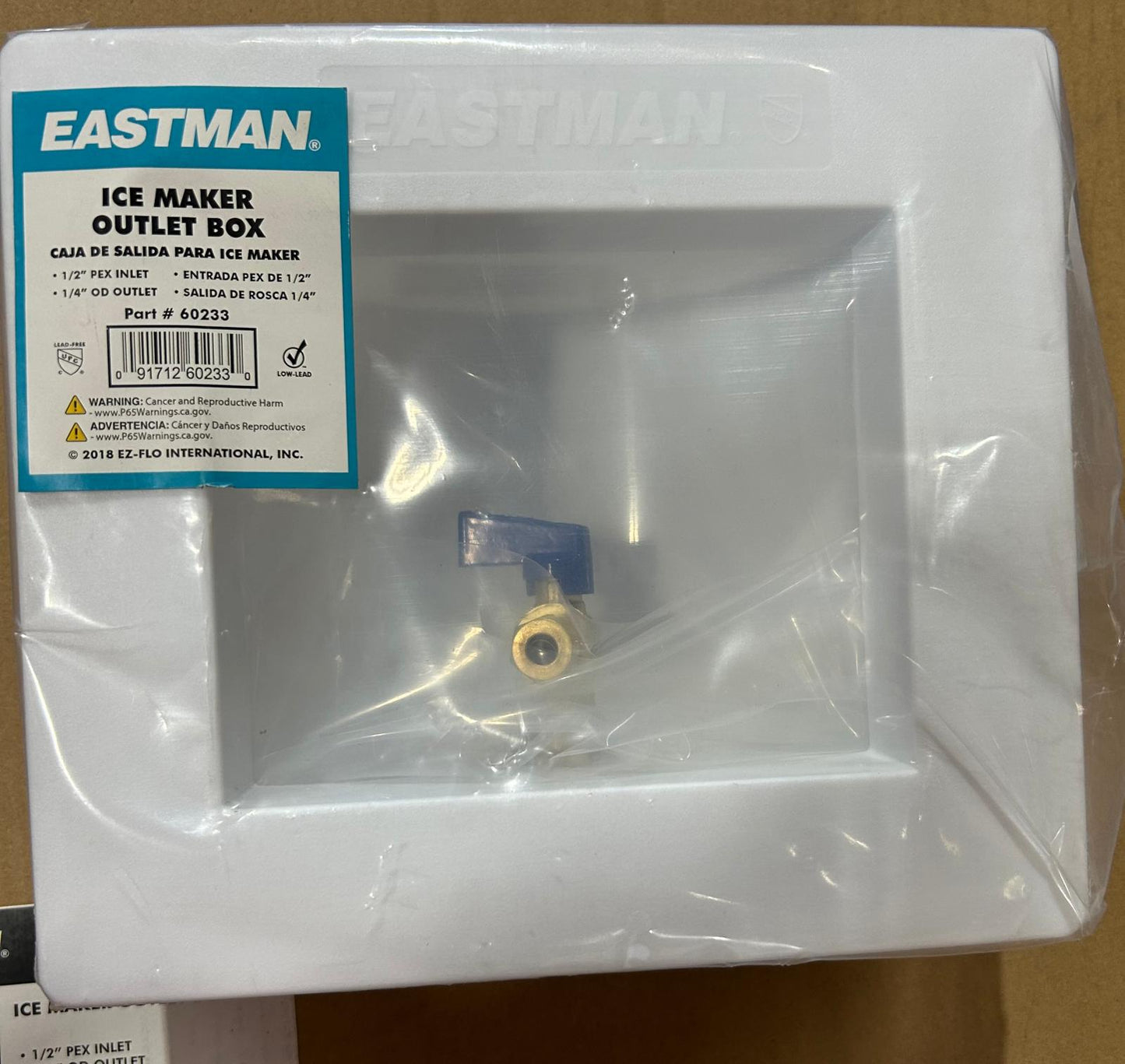 Eastman 1/2 Inch PEX Connection x 1/4 Inch OD Compression Ice Maker Outlet Box, Quarter Turn Ball Valve, Pre-Assembled, 60233