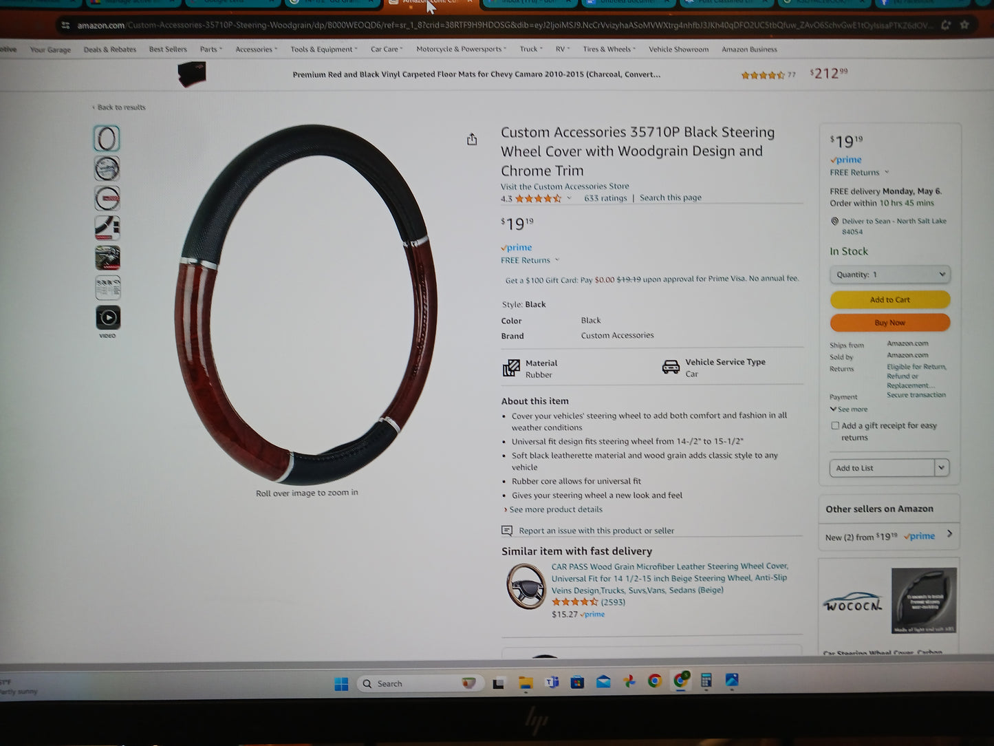 Black Steering Wheel Cover with Woodgrain Design and Chrome Trim