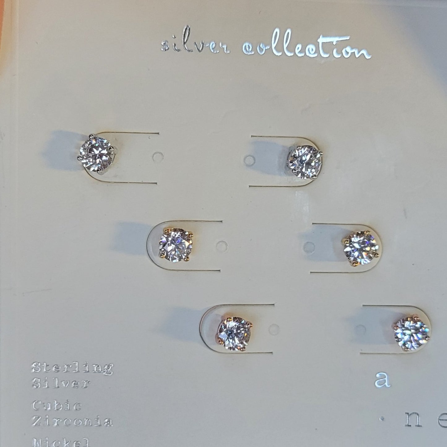 A New Day Sterling Silver Stud Earrings Set with Round Cubic Zirconia 3pc