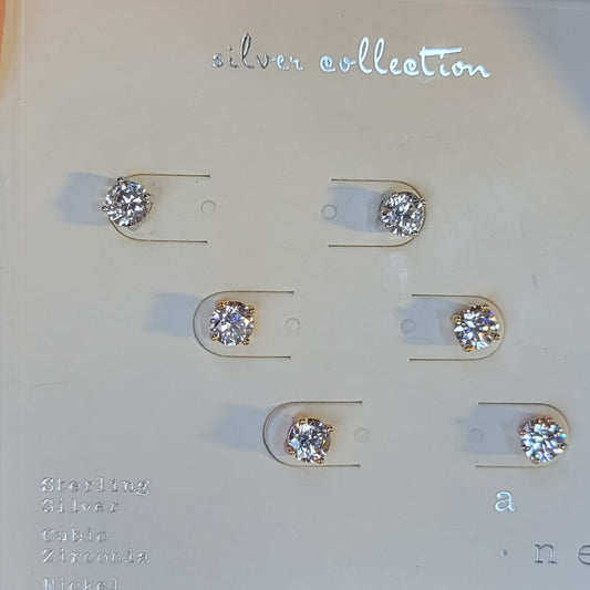 A New Day Sterling Silver Stud Earrings Set with Round Cubic Zirconia 3pc