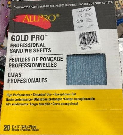 20 Sheets AllPro 40002 Gold Pro Professional Sanding Sheets 220 Grit 9'x11'3m Norton