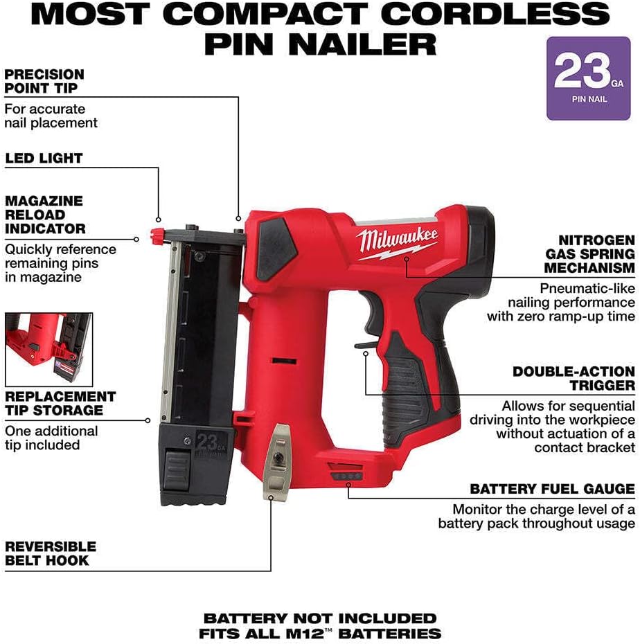 Milwaukee M12 23-Gauge Compact Cordless Pin Nailer Gun (Tool Only) 2540-20