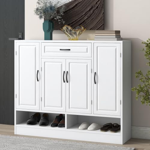 FridayParts Sleek and Modern Cabinet with Adjustable Shelves, Minimalist Shoe Storage Organizer with Sturdy Top Surface, Space-Saving Design Side Board for Various Sizes of Items, White