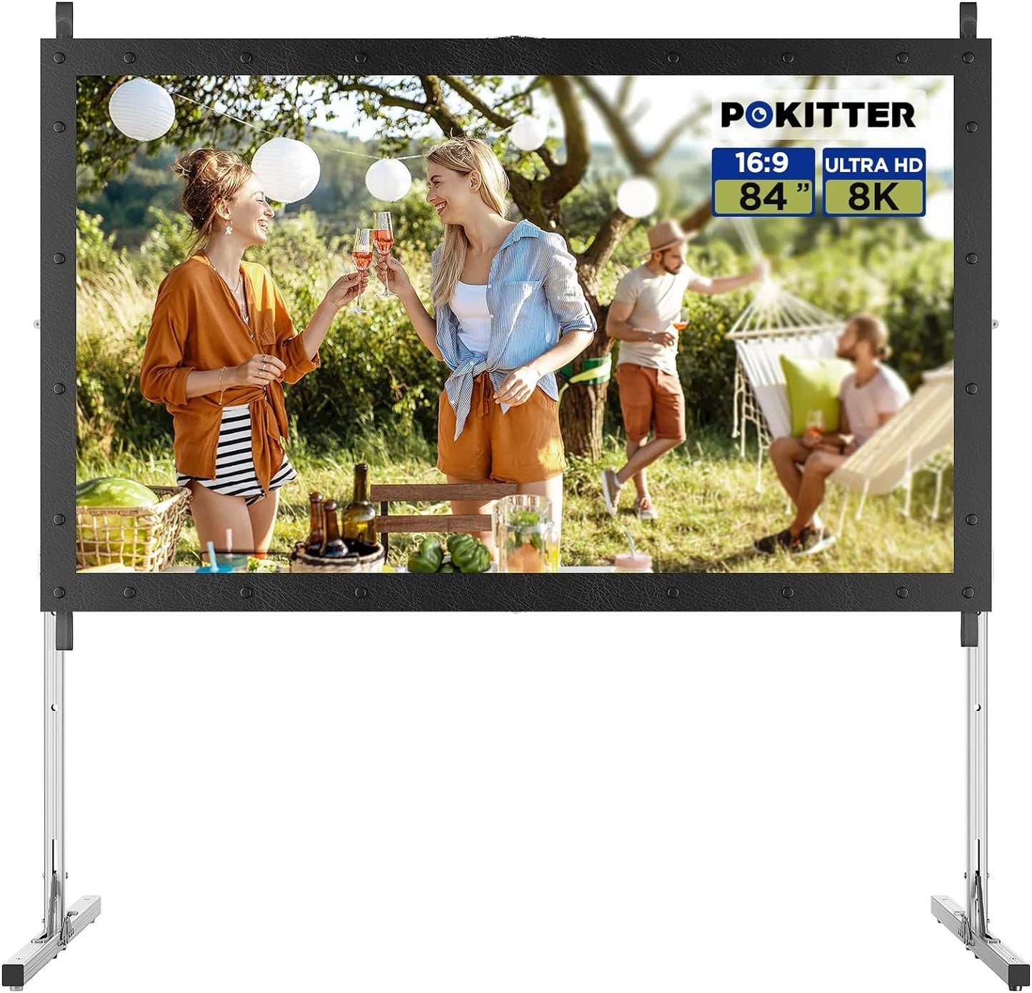 Projector Screen with Stand, Pokitter 84 inch Outdoor Movie Screen-Upgraded 3 Layers PVC 16:9 Outdoor Projector Screen,Portable Video Projection Screen with Carrying Bag for Home Theater Backyard