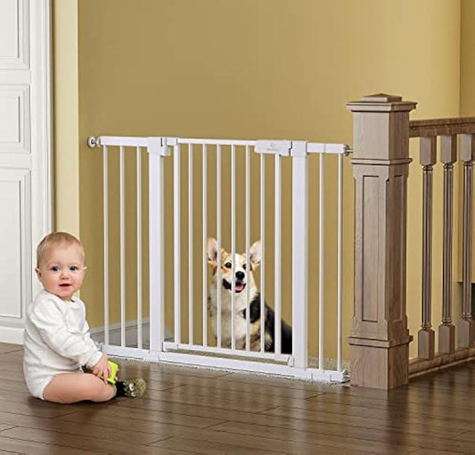 BabyBond 27-43" Easy Install Baby Gate for Stairs, Extra Wide Baby Gates for Doorway, Auto Close Safety Dog Gate, with Extenders and Pressure/Hardware Mounting Kit, White