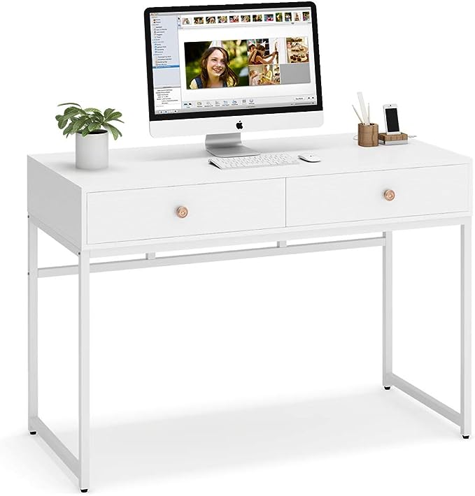 Tribesigns Computer Desk, Modern Simple 47 inch Home Office Desk Study Table Writing Desk with 2 Storage Drawers, Makeup Vanity Console Table White