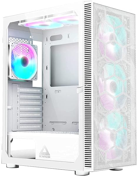 Montech X3 Mesh 6pcs, 3 x 140mm& 3 x 120mm Fixed RGB Lighting Fans ATX Mid-Tower PC Gaming Case, USB3.0, Door Open Tempered Glass Side Panel, High Airflow, White