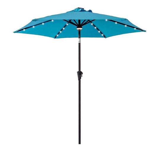 FLAME&SHADE 7.5 ft Solar Powered Outdoor Market Patio Table Umbrella with LED Lights and Tilt, Aqua Blue