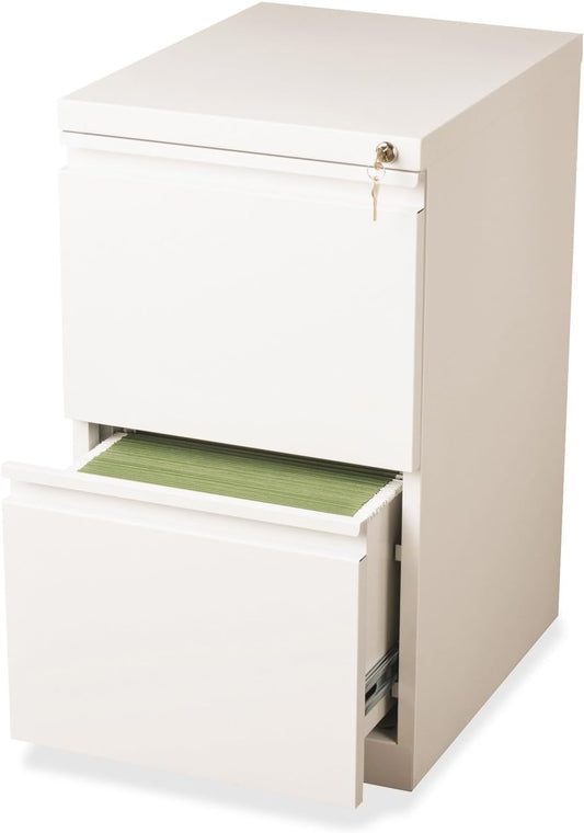 WorkPro® 19-7/8"D Vertical 2-Drawer Mobile Pedestal File Cabinet, Metal, White, has no key.