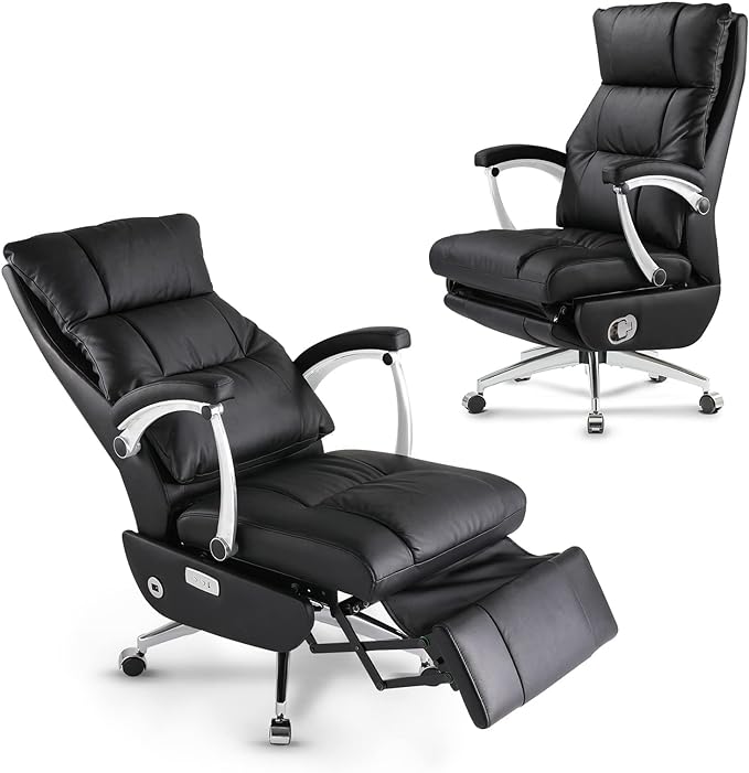 LEAGOO Automatic Executive Office Chair High-Back Electric Reclining Office Chair with Footrest, Ergonomic Computer Desk Chairs with Wheels and Linkage Arms Swivel Rolling Chair with Genuine Leather