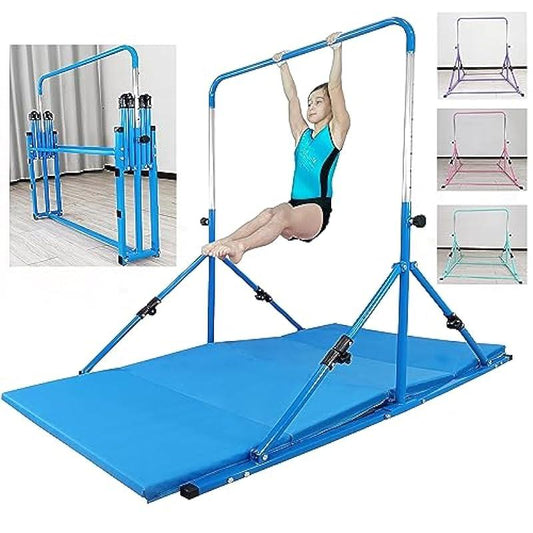 Seliyoo Junior Foldable Gymnastics kip bar with Fiberglass Cross bar,Adjustable arms from 3' to 5' Gymnastics bar with Wheels,Easy to Assembly,Safe Training for Kids (Blue-Mat)