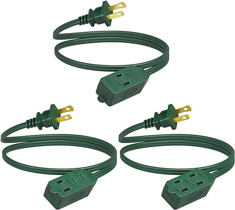 DEWENWILS 3-Pack Extension Cord 3 Ft, 16 AWG Extension Cord with Multiple Outlets, 2 Prong Extension Cord for Home Office Garage, Rotate-to-Lock Safety Cover, ETL Listed, Green