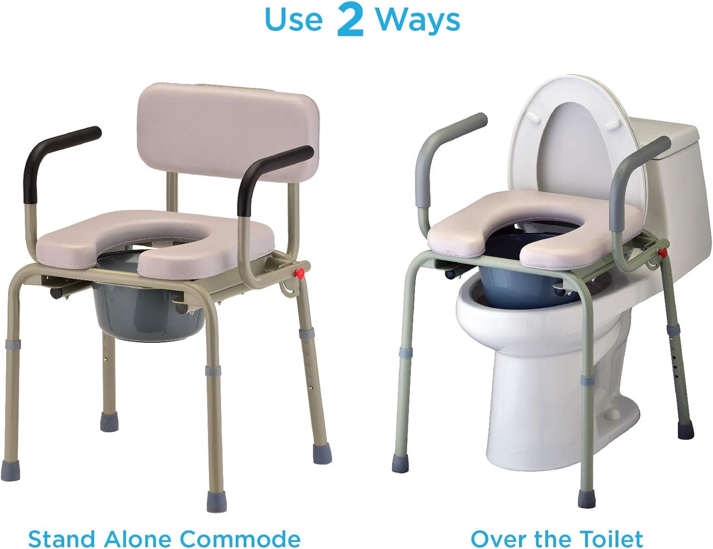 NOVA Medical Products Drop Arm Commode with Padded Seat and Back, Drop Down Arms for Easy Transfer, Stand Alone Bed Side Commode and Over The Toilet Commode, Comes with Bucket, Lid and Slash Guard