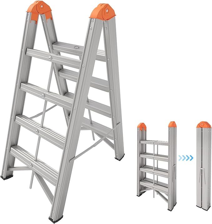 Aluminum Ladder, Foldable Twin Front Ladder, Collapsible A Frame 4-Step Ladder, Compact Step Stool with Wide Anti-Slip Pedal, Aluminum Portable Lightweight Ladder, EN131, 330lb Capacity