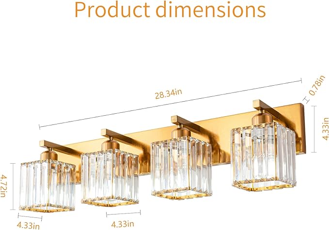 FDPBY Modern Bathroom Vanity Light 4-Lights Modern Gold Brushed Brass Finish Crystal Bathroom Wall Light Bathroom Vanity Light Fixtures