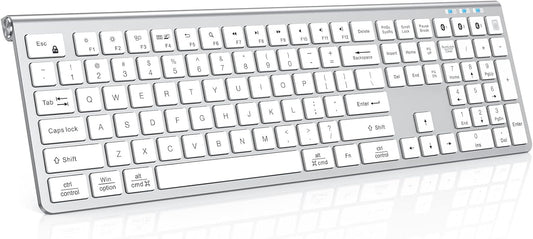 Multi Device Bluetooth Keyboard, Rechargeable Wireless Keyboard, Lekvey 3-in-1 Slim Keyboard with Number Pad, Full Size Bluetooth Keyboard for Mac, MacBook Air/Pro, iPad, Windows Tablet Laptop, Silver