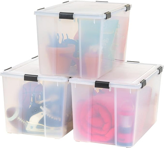 IRIS USA 74 Quart WEATHERPRO Plastic Storage Box with Durable Lid and Seal and Secure Latching Buckles, Weathertight, Clear with Black Buckles, 3 Pack, 585449