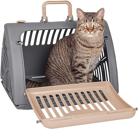 SportPet Designs Foldable Travel Cat Carrier - Front Door Plastic Collapsible Carrier, Gray and Tan, Medium (Pack of 1)