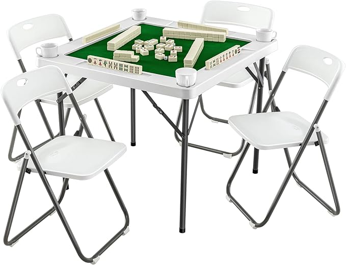 PURPEAK  35" 4 Player Folding Mahjong Table with 4 Foldable Chairs, Durable PE Tabletop, 4 Cup Holders and 4 Chip Trays, Multi Game Card Table for Mahjong, Poker, Dominoes