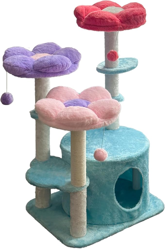 Flower Cat Tree, 42'' Cute Cat Tower with Large Metal Frame Hammock, Small Cat Tree Tower for Cats