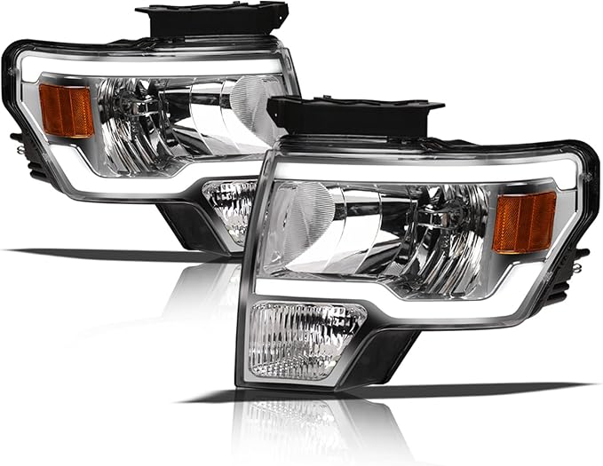 Alpha Owls 8711712 Crystal Headlights With White LED Light Bar - Chrome Amber Fits 2009-2014 Ford F150 Halogen Models