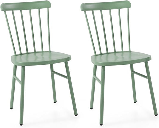 Anmutig Metal Patio Dining Chairs Side Chairs Indoor/Outdoor Windsor Style Metal Side Chair Farmhouse Chair with Spindle Back Set of 2(Green