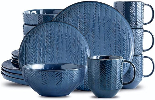 KOOV Ceramic Dinnerware Sets of 16, Plates and Bowls Sets for 4, Kitchen Dish Set with Dinner Plates, Dessert Plates, Bowls and Cups for Party, Microwave and Dishwasher Safe, Embossed Pattern (Blue)