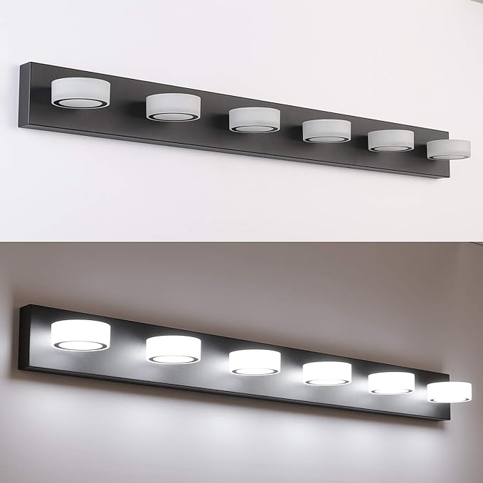 SOLFART LED Modern 6 Light White Rotating Round Acrylic with Black Base Vanity Light Over Mirror 6 Lights Bath Wall Lighting Fixture 9550-6