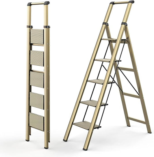 5 Step Ladder, Folding Ladder with Anti-Slip Wide Pedal, Portable Folding Step Ladder with Convenient Handgrip, Lightweight Aluminum Stepladder for Home, Office, Library - Gold