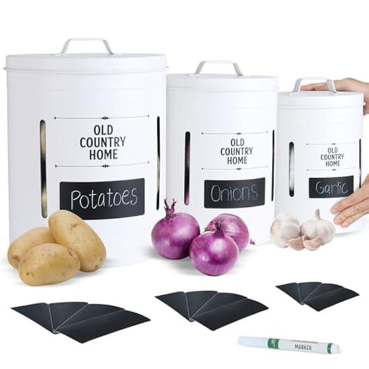 Saratoga Home Potato and Onion Storage Bin, Super Large Set, Potato Storage Holds 11.5 lbs, Onion Storage Containers Hold 5.5 lbs, Garlic Holder 20+ Bulbs, Vegetable Keepers, Potato Bin, White