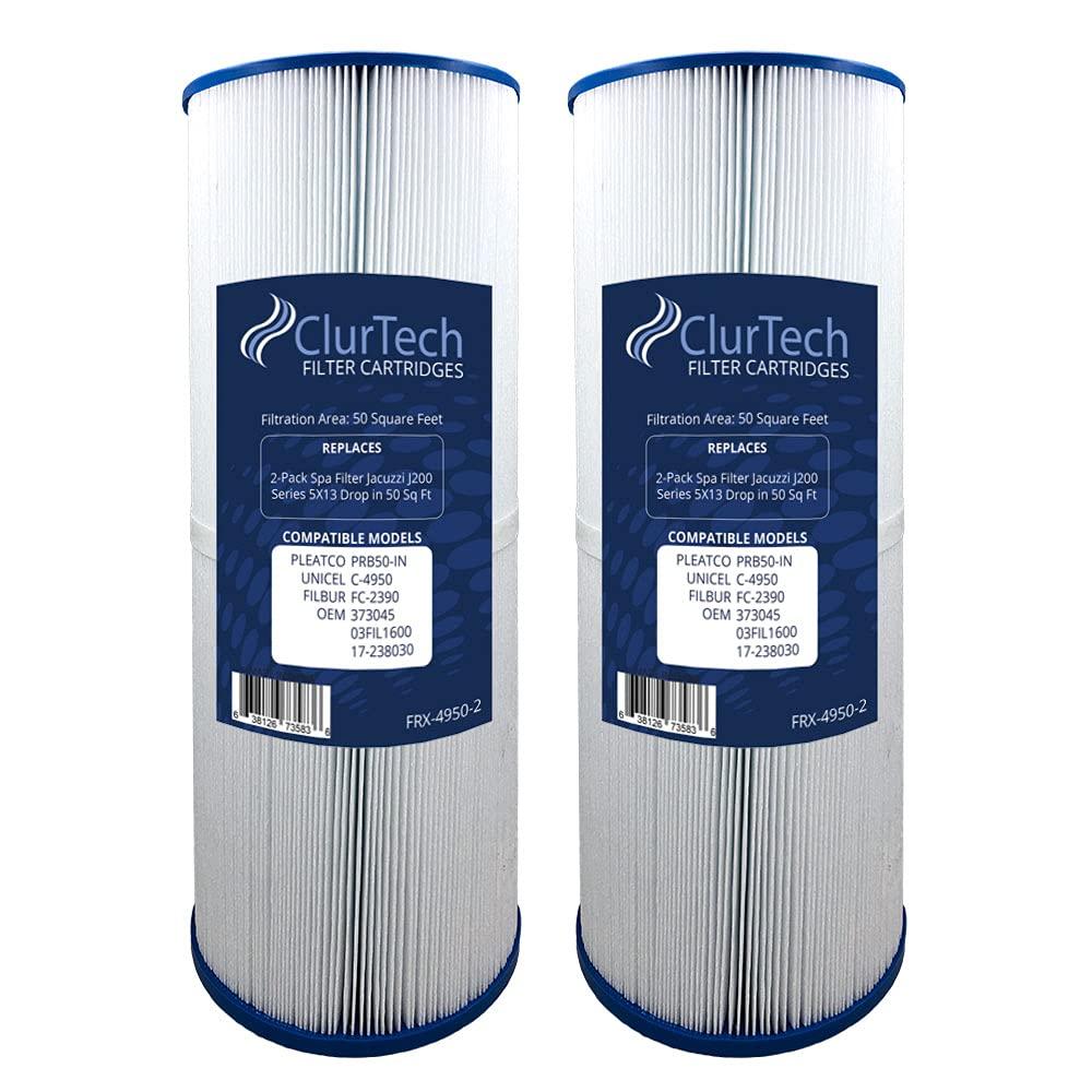 ClurTech FRX-4950-2 Replacement 2 Pack J200 Series 5X13 Drop in 50 Sq Ft Spa Filter Cartridge PRB50-IN C-4950 FC-2390 373045 03FIL1600 17-2380, Pack of 2, White