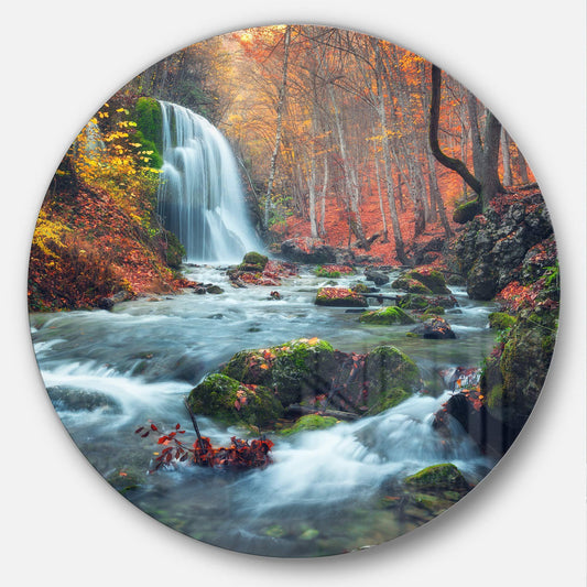 Designart Autumn Mountain Waterfall Long View-Landscape Photo Circle Wall Art-Disc of 11, 11'' H x 11'' W x 1'' D 1P, Orange