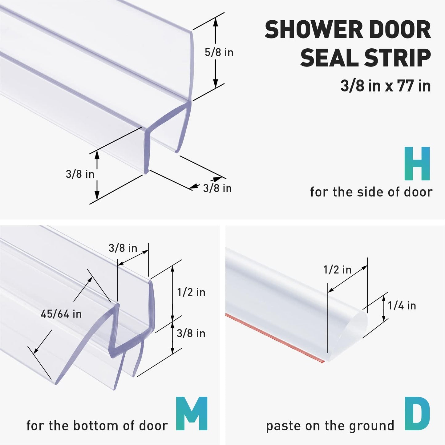 Shower Door Seal Set - 4 PCS 3/8" x 77" Frameless Shower Door Bottom Seal and Side Seal for 3/8 Inch Glass,Glass Shower Door Seal Strip Shower Door Sweep,Stop Shower Leaks and Create a Water Barrier