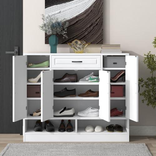 FridayParts Sleek and Modern Cabinet with Adjustable Shelves, Minimalist Shoe Storage Organizer with Sturdy Top Surface, Space-Saving Design Side Board for Various Sizes of Items, White