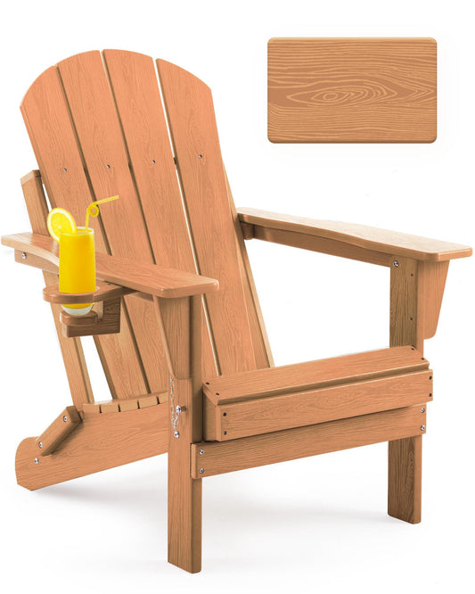 Serique Folding Adirondack Chair, Patio Chair Wood Texture, Outdoor Chair Weather Resistant, Lawn Chair with Cup Holder, Fire Pit Chair for Deck, Outdoor, Porch, Backyard, Garden (Teak)