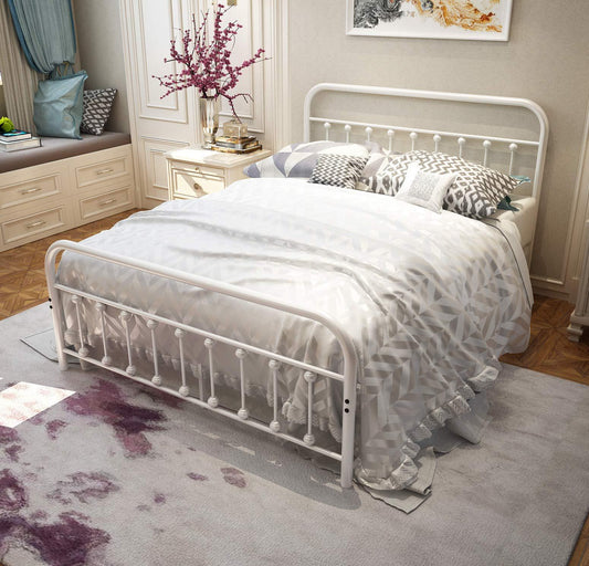 NEEBIRGELIA White Metal Bed Frame Queen Size with Headboard and Footboard Single Platform Mattress Base,Metal Tube and Iron-Art Bed（Queen,White）