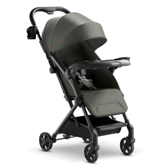 Mompush Lithe V2 Lightweight Stroller + Snack Tray, Ultra-Compact Fold & Airplane Ready Travel Stroller, Near Flat Recline Seat, Cup Holder, Raincover & Travelbag Included
