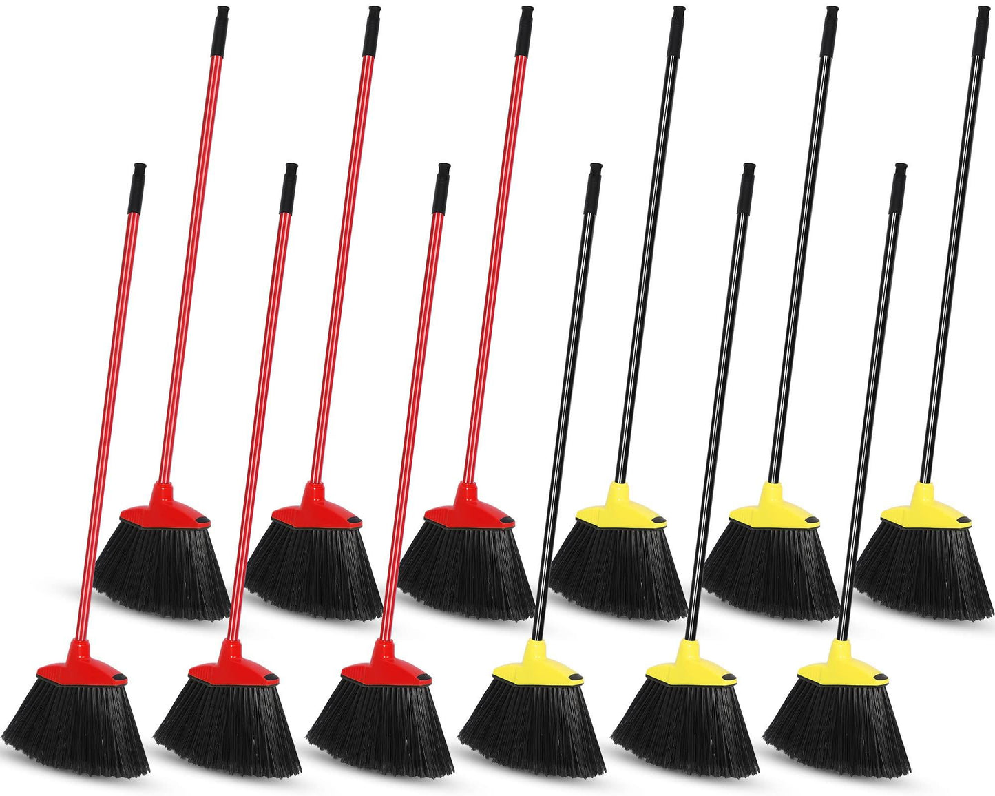 12 Pack Angle Broom Bulk Commercial Broom Household Heavy Duty Broom Outdoor Indoor Brooms with Long Coated Metal Handle for Home Kitchen Courtyard Garage Office Shop School Lobby Floor (Yellow, Red)