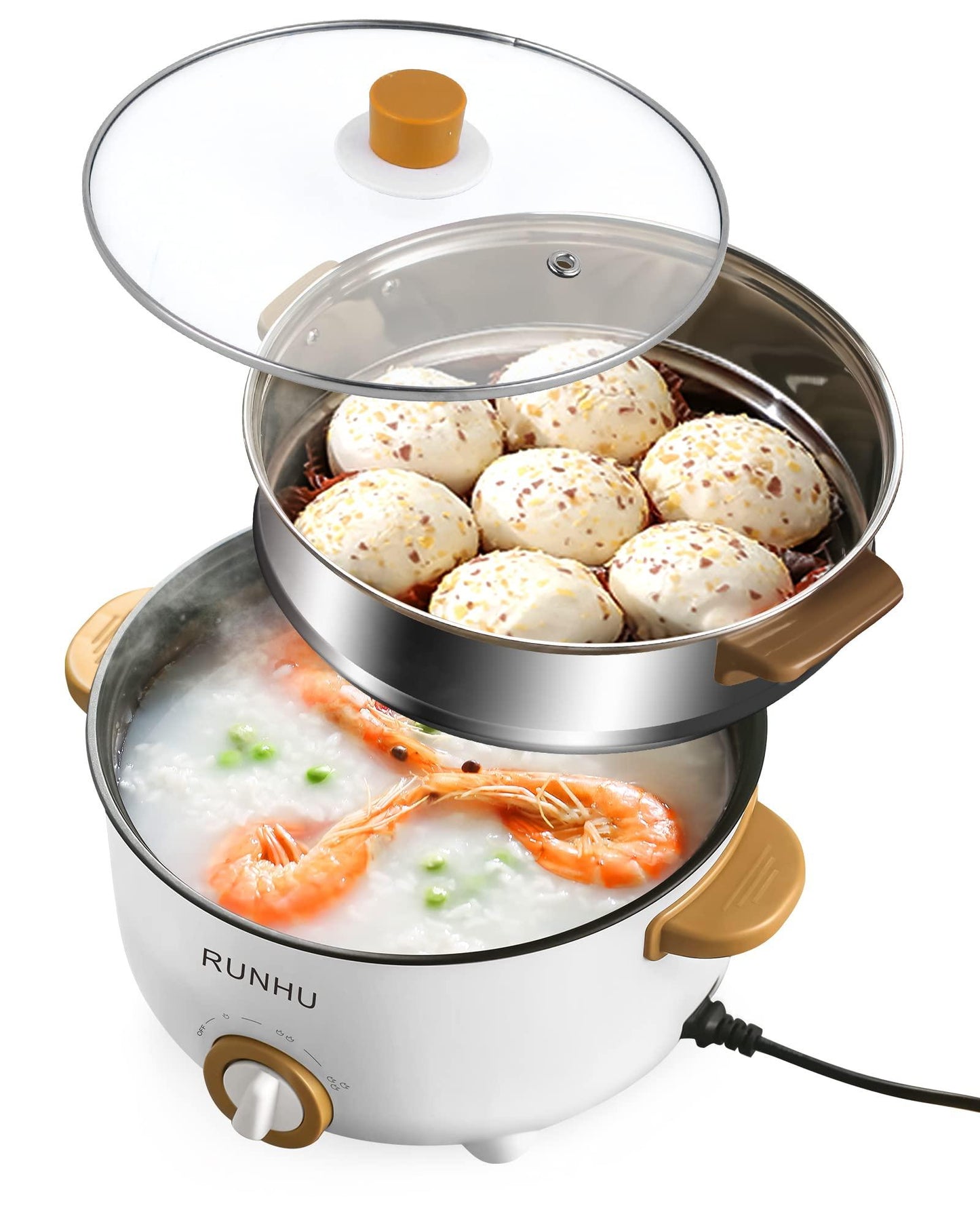 Runhu Hot Pot Steamer, 4L Non-Stick Electric Frying Pan, 3.1" Depth Cooker, (White)