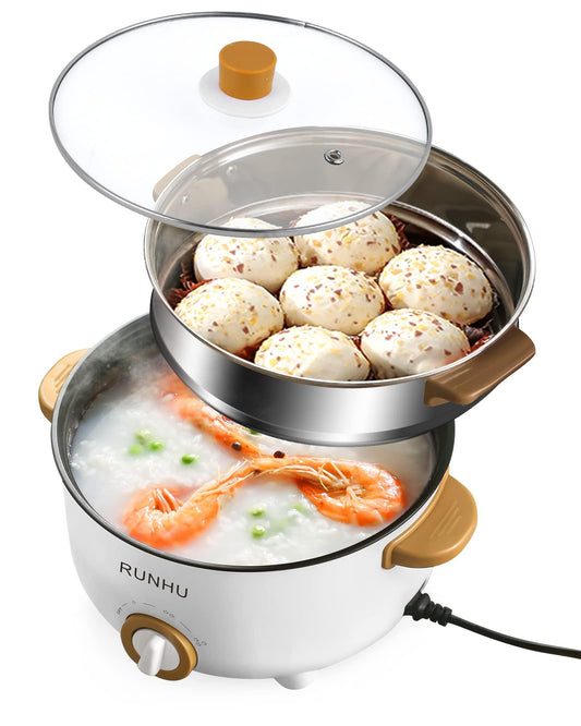 RUNHU Electric Hot Pot with Steamer, 4L Non-Stick Electric Frying Pan with Multi-Power Control, 3.1" Depth Multifunctional Cooker with Overheating Protection for Shabu Shabu, Noodles, Sauté (White)