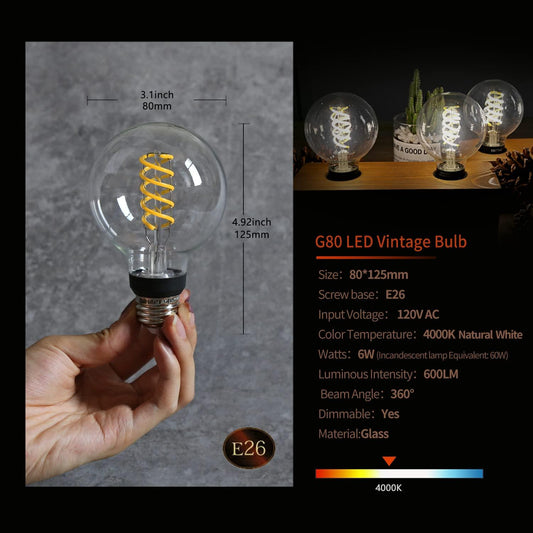 G25 LED Globe Light Bulbs Antique, Flexible Spiral LED Filament Light Bulb, Vintage LED Edison Bulb,2 Pack, Neutral 4000K,6W Equivalent to 60W, 600LM,Dimmable with 80+ CRI, E26 Base, Clear Glass