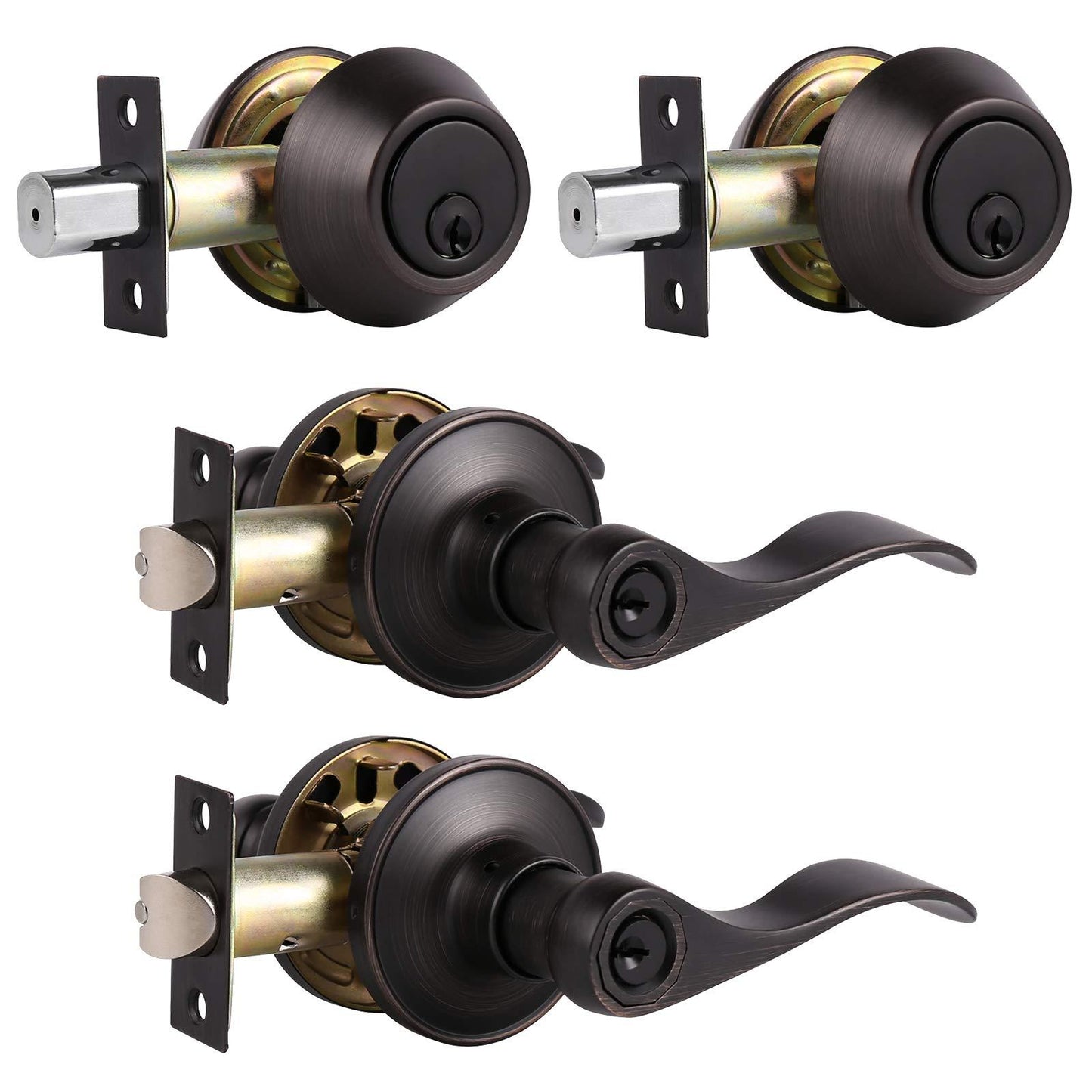 2 Sets-Entry Door Lever and Double Cylinder Deadbolts Combo Pack in Oil Rubbed Bronze Finish, Front Handlesets