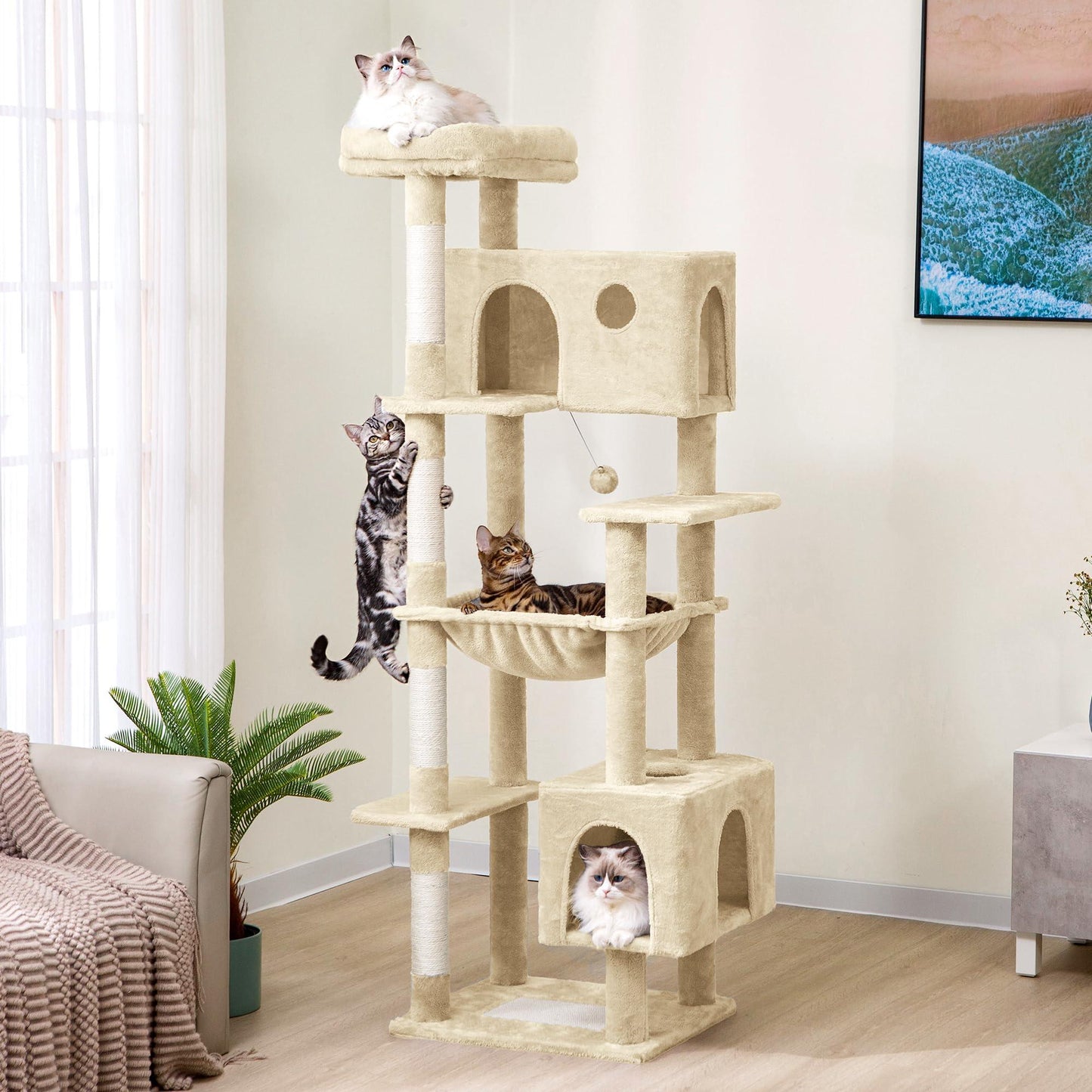 Meow Sir Large Cat Tree for Large Cats 70 Inches Tall Cat Tower with Large Hammock 21.7x17.7 Inches Super Spacious Condo and Wide Padded Perch Scratching Posts and Pad for Indoor Cats-XLarge Beige